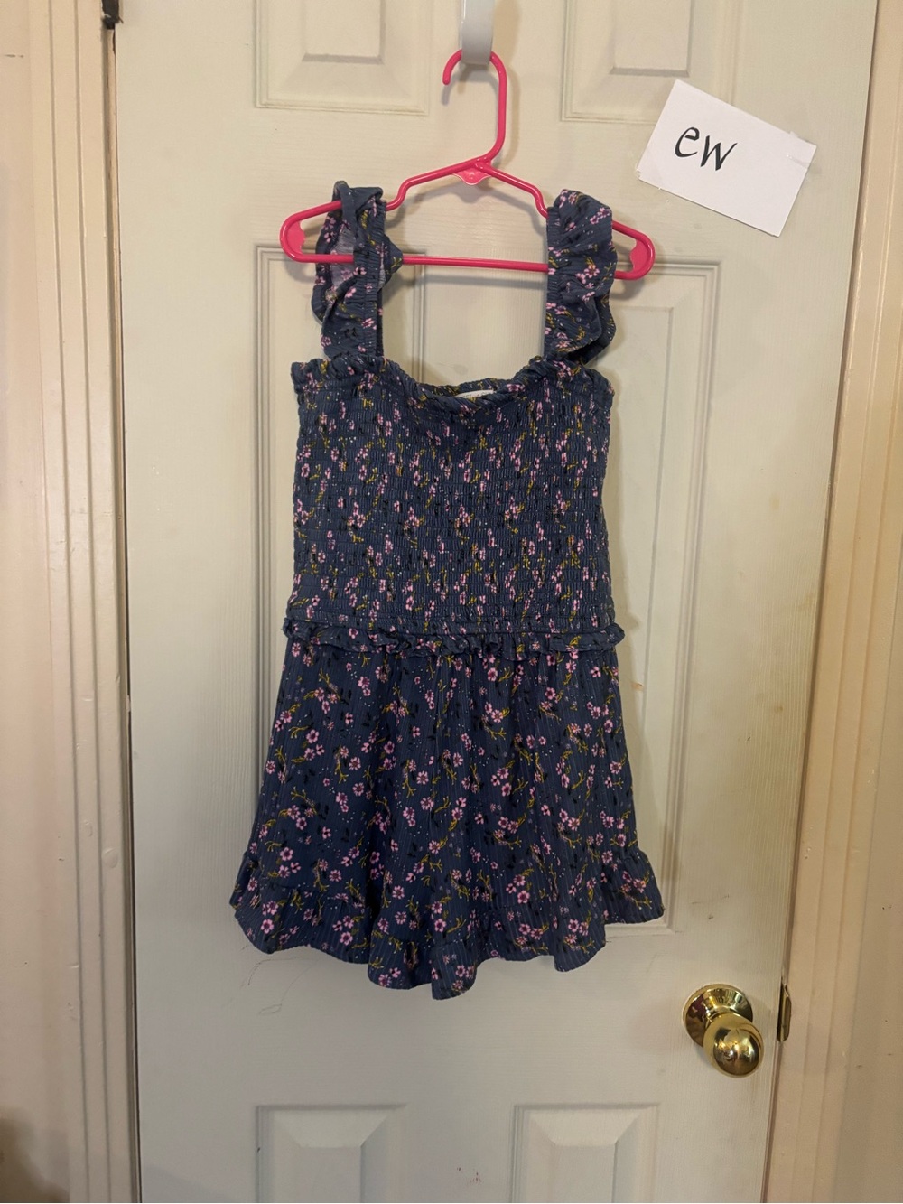Girls Floral Smocked Navy Romper with Ruffled Straps